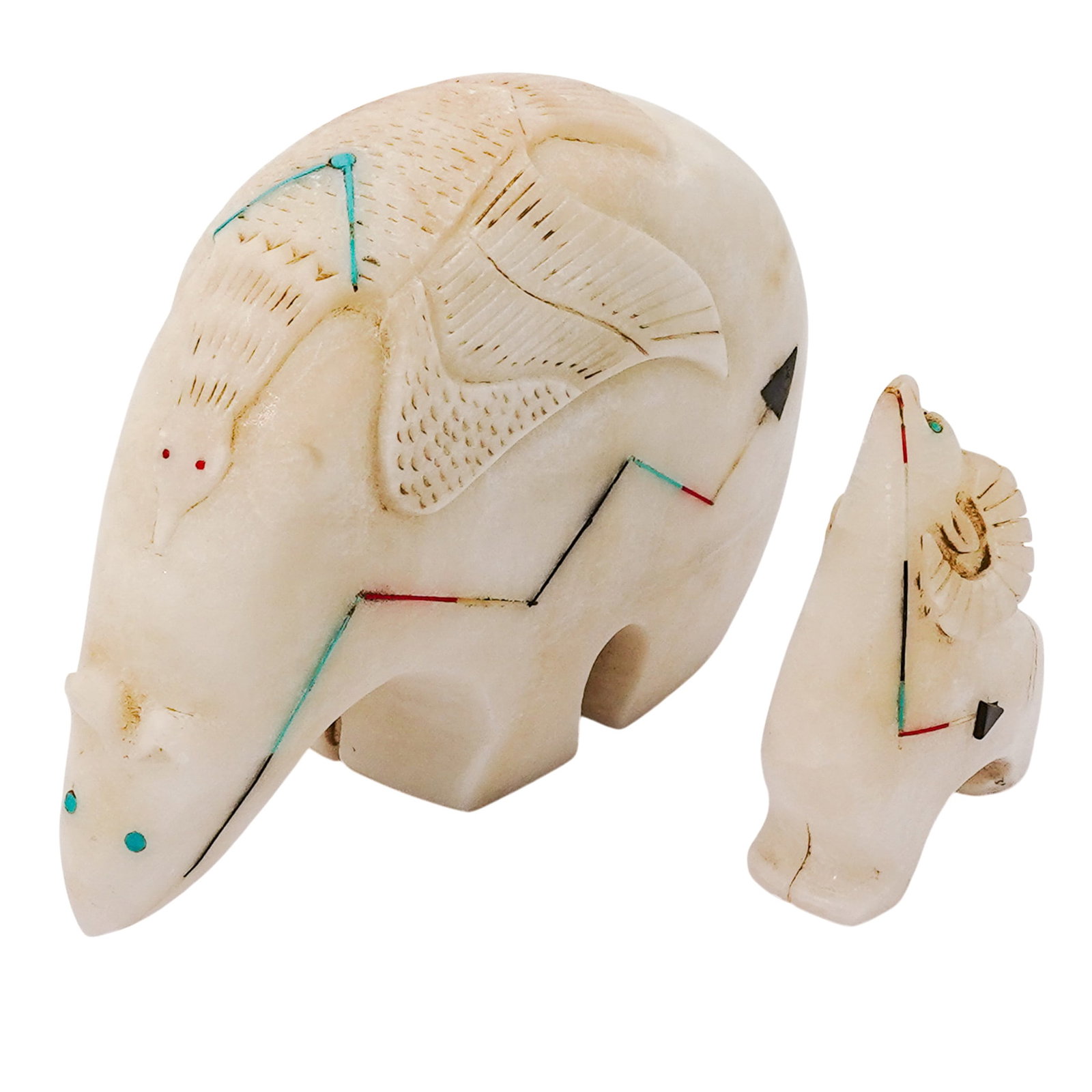 (2pc) Native American Zuni Carved Stone Ram & Bear: (2pc) Native American Zuni Carved Stone Ram & Bear 20th Cent., American These small, stone-carved animals are part of an ancient Zuni Pueblo tradition, in which each animal is believed to inhabit a li