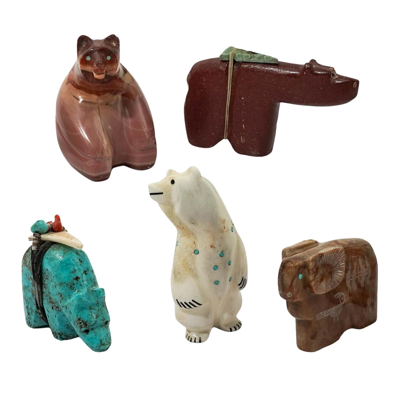 (5pc) Native American Zuni Carved Stone Fetish: (5pc) Native American Zuni Carved Stone Fetish 20th Cent., American These are hand-carved miniature sculptures from different stones, traditionally believed by the Zuni people to possess the spirit an