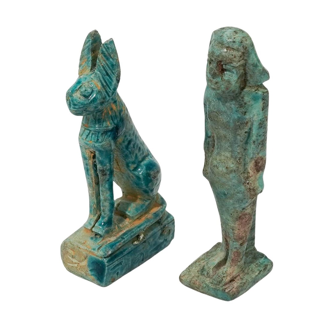 (2 Pc) Egyptian Faience Figures: (2 Pc) Egyptian Faience Figures Egypt Ancient Egyptian Late Period or Ptolemaic Period (approx. 664–30 BCE) turquoise faience-glazed human figure with a dorsal pillar engraved with hieroglyphs and a