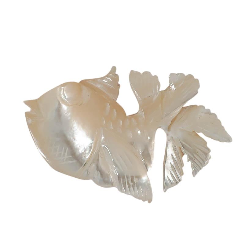 Vintage Carved Mother Of Pearl Fish: Vintage Carved Mother Of Pearl Fish 20th Century, Continental Carved Mother-of-Pearl Fish Figure, depicting a stylized fish with incised detailing and iridescent shell surface. L: 2.125" x W: 0.125" x