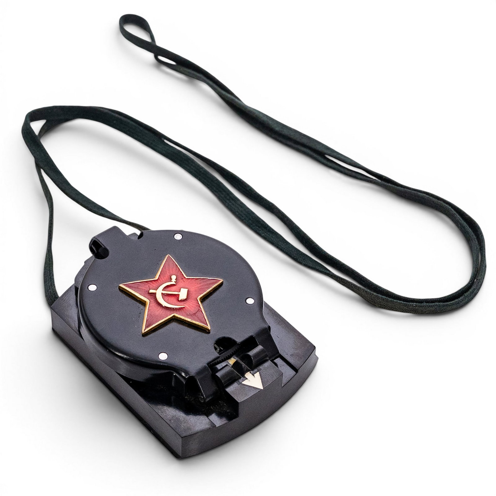 Soviet USSR AK Artillery Compass: Soviet USSR AK Artillery Compass 1970s-1980s, Soviet Union Vintage Soviet USSR AK artillery/military field compass featuring a black folding case with mirrored sighting lid, Cyrillic compass dial with