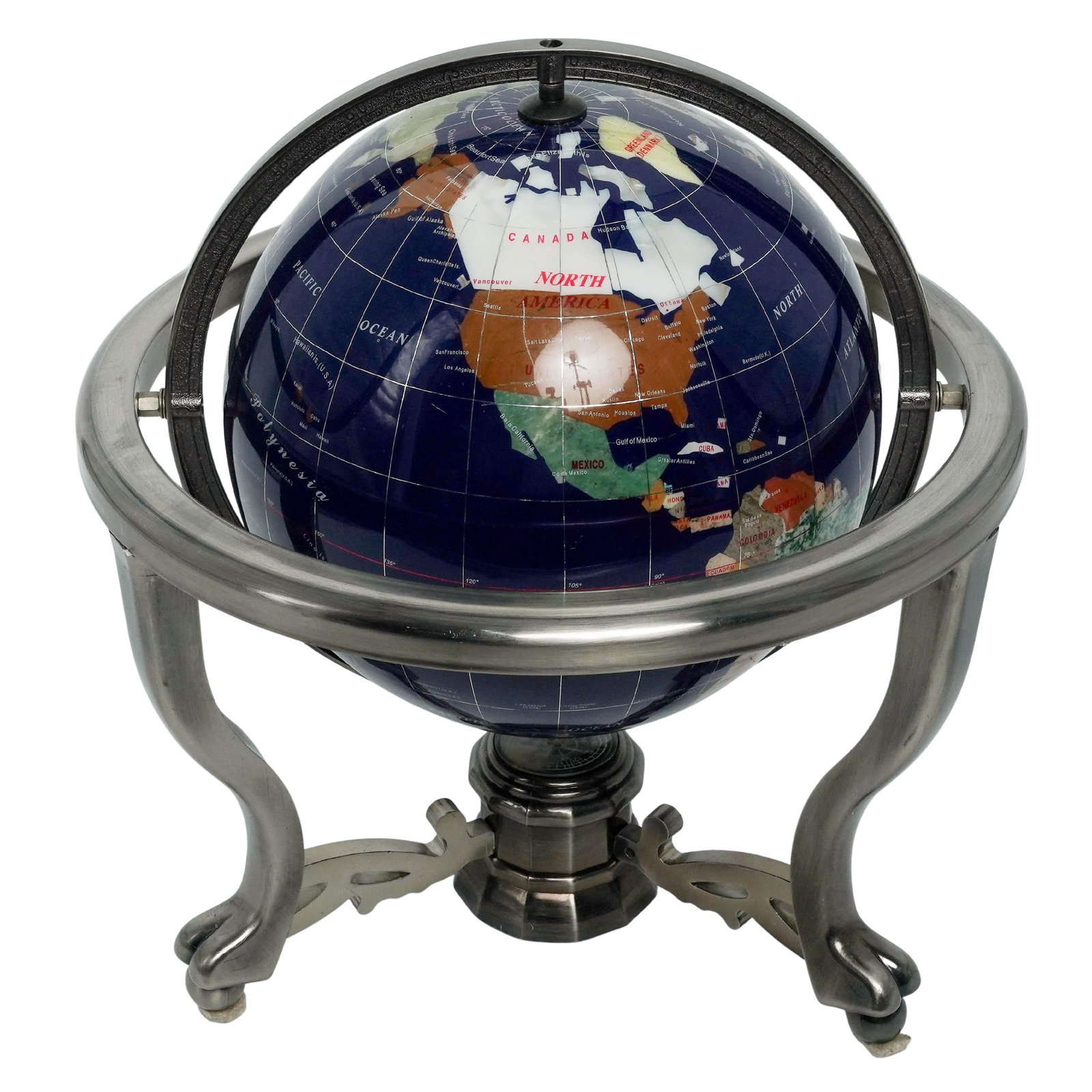 Unique Art Lapis & Inlaid Semi-Precious Stones World Globe on Stand (1 of 5)