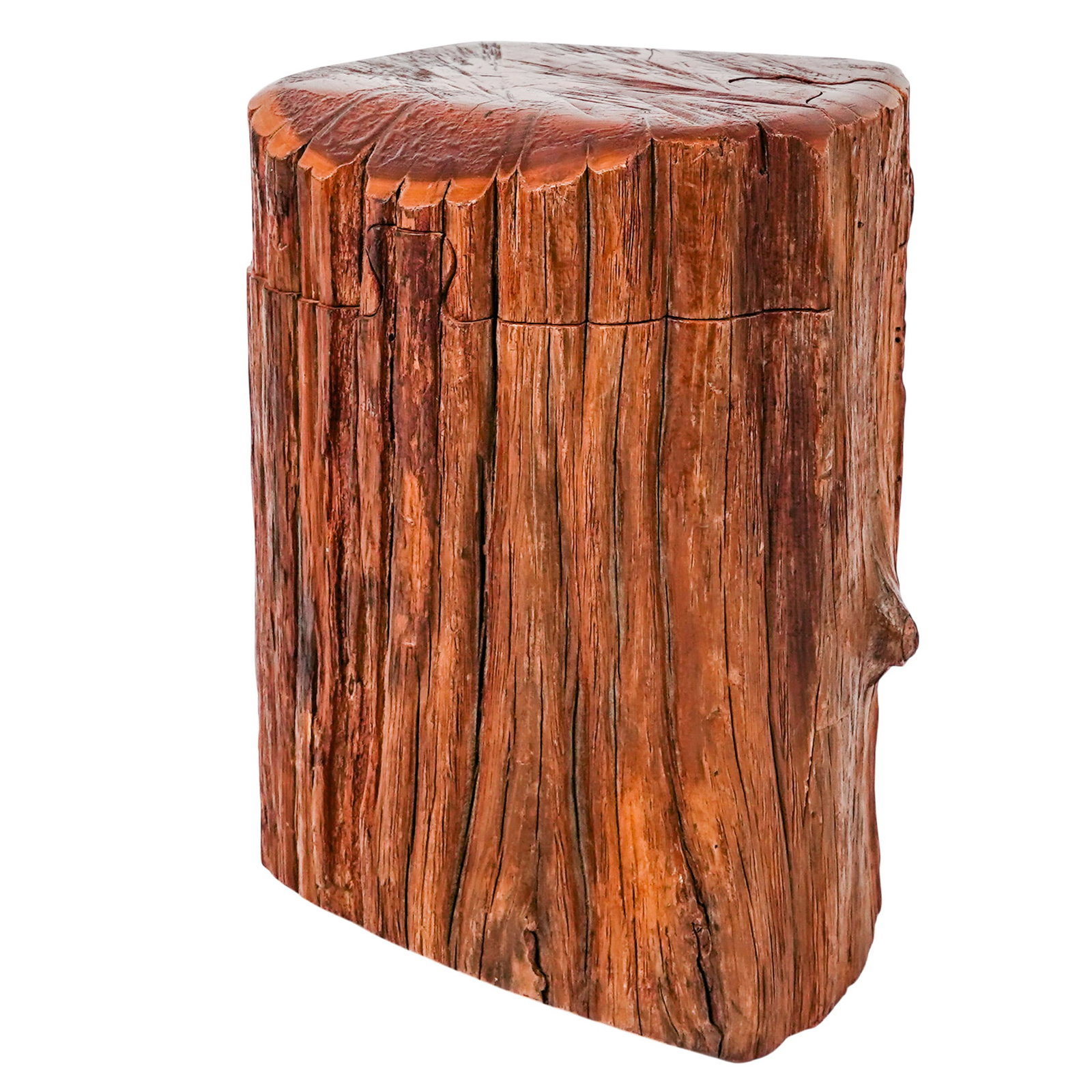 Mid Century Carved Wood Puzzle Box: Mid Century Carved Wood Puzzle Box Late 20th Century, USA. Carved wood puzzle box in the form of a naturalistic tree stump, with concealed sliding mechanism and fitted lid. Executed in the manner of s