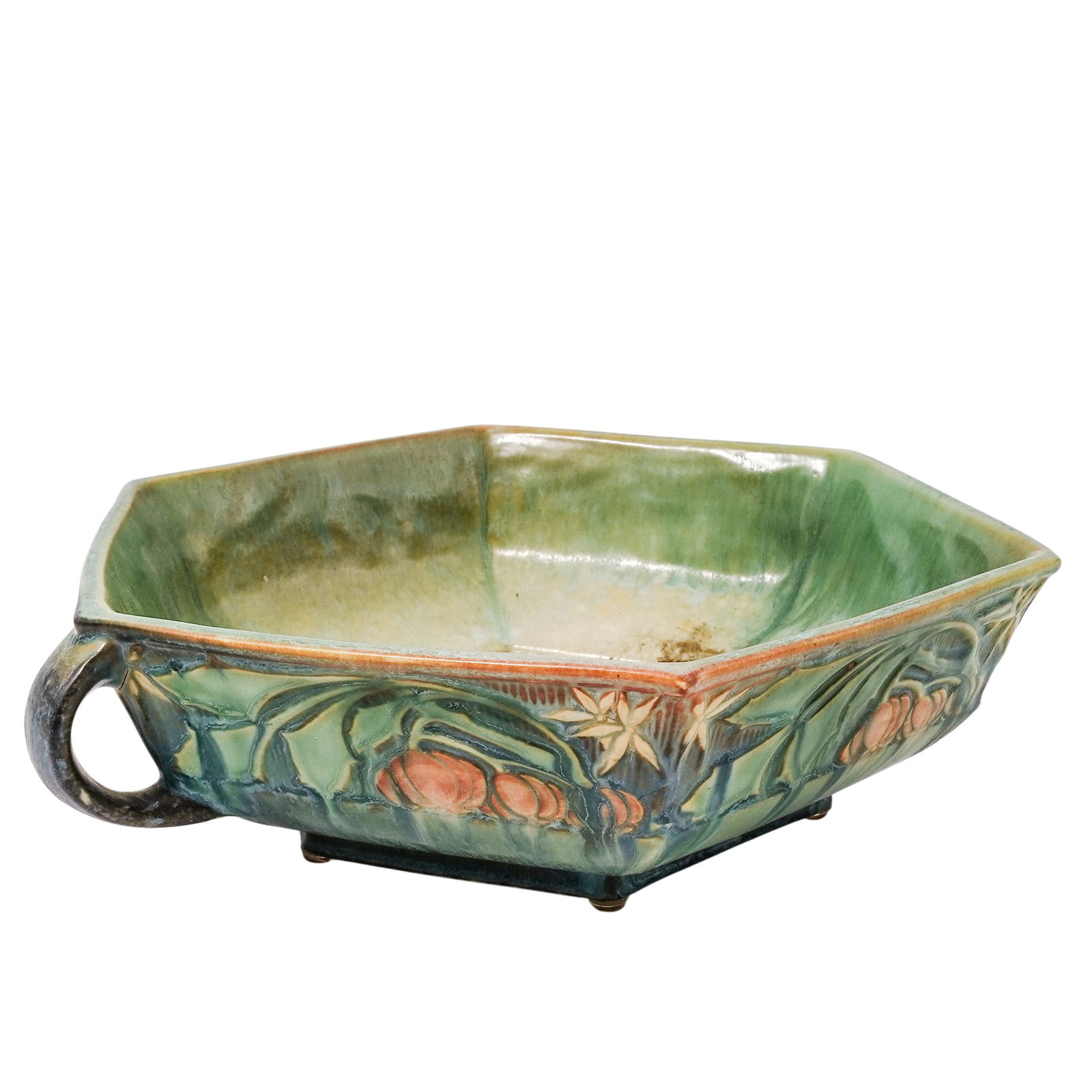 Antique Roseville Pottery "Baneda" Console Bowl: Antique Roseville Pottery "Baneda" Console Bowl 1932. American This is a vintage Roseville Pottery 'Baneda' octagonal vessel (shape #237-3), featuring a rich, multi-toned green and teal glaze, highlig