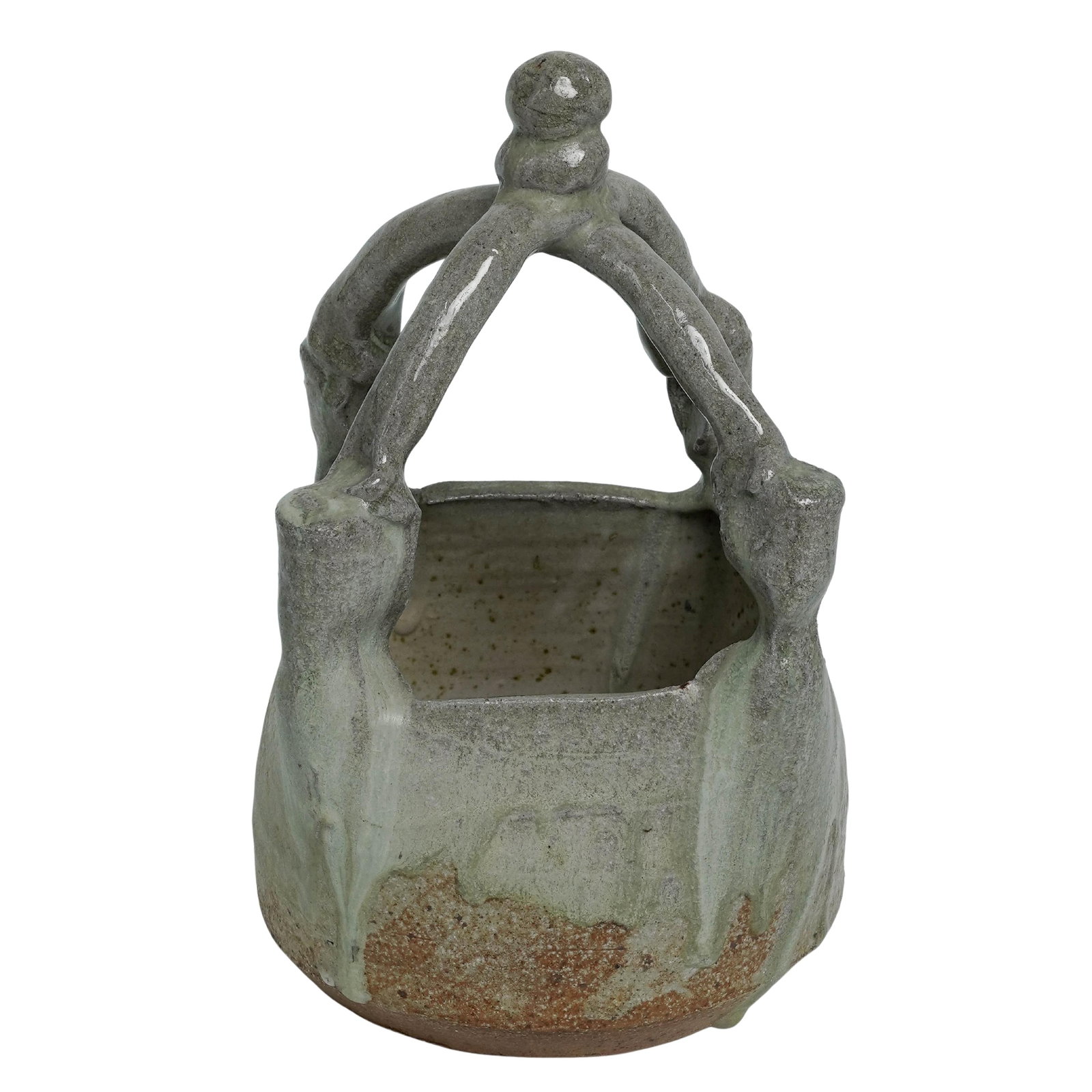 Vintage Signed Hand-Built Glazed Stoneware Basket: Vintage Signed Hand-Built Glazed Stoneware Basket 1978. This hand-built studio pottery basket is a functional yet sculptural piece, likely inspired by Japanese ceramic traditions. Its most striking fe