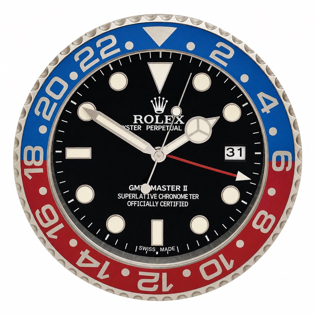 Dealer Display Concessionary Rolex Style Wall Clock: Dealer Display Concessionary Rolex Style Wall Clock 20th century, Swiss Dealer display Rolex oyster perpetual date wall clock # A6409 Swiss made since 1905. GMT- Master II "Pepsi" superlative chronome