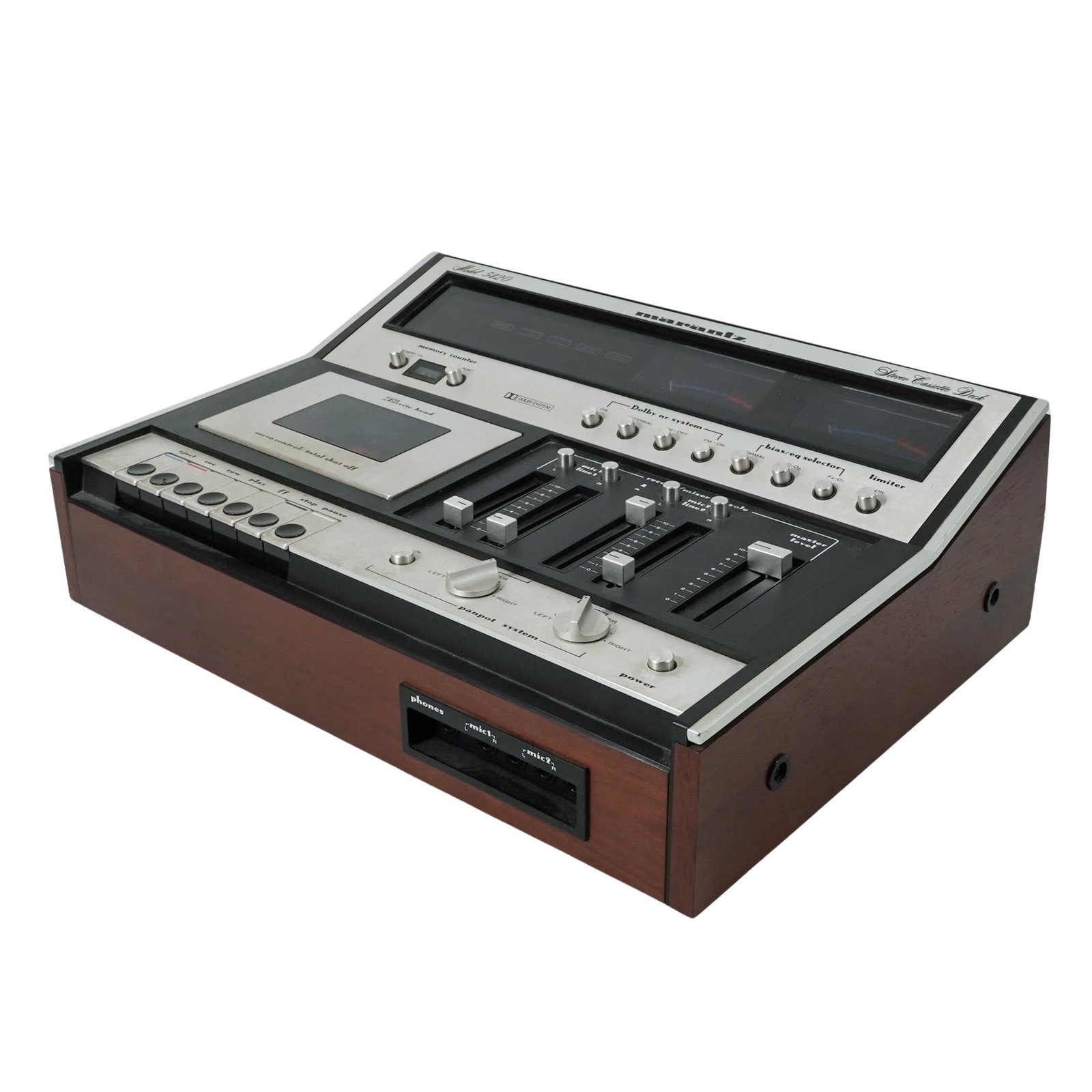 Vintage Marantz Model 5420 Tape Deck w/VU Meters & 4-Ch Mixer: Vintage Marantz Model 5420 Tape Deck w/VU Meters & 4-Ch Mixer Late 20th Century, USA Vintage stereo cassette deck by Marantz, Model 5420, featuring dual VU meters, integrated 4-channel mixer, and fron