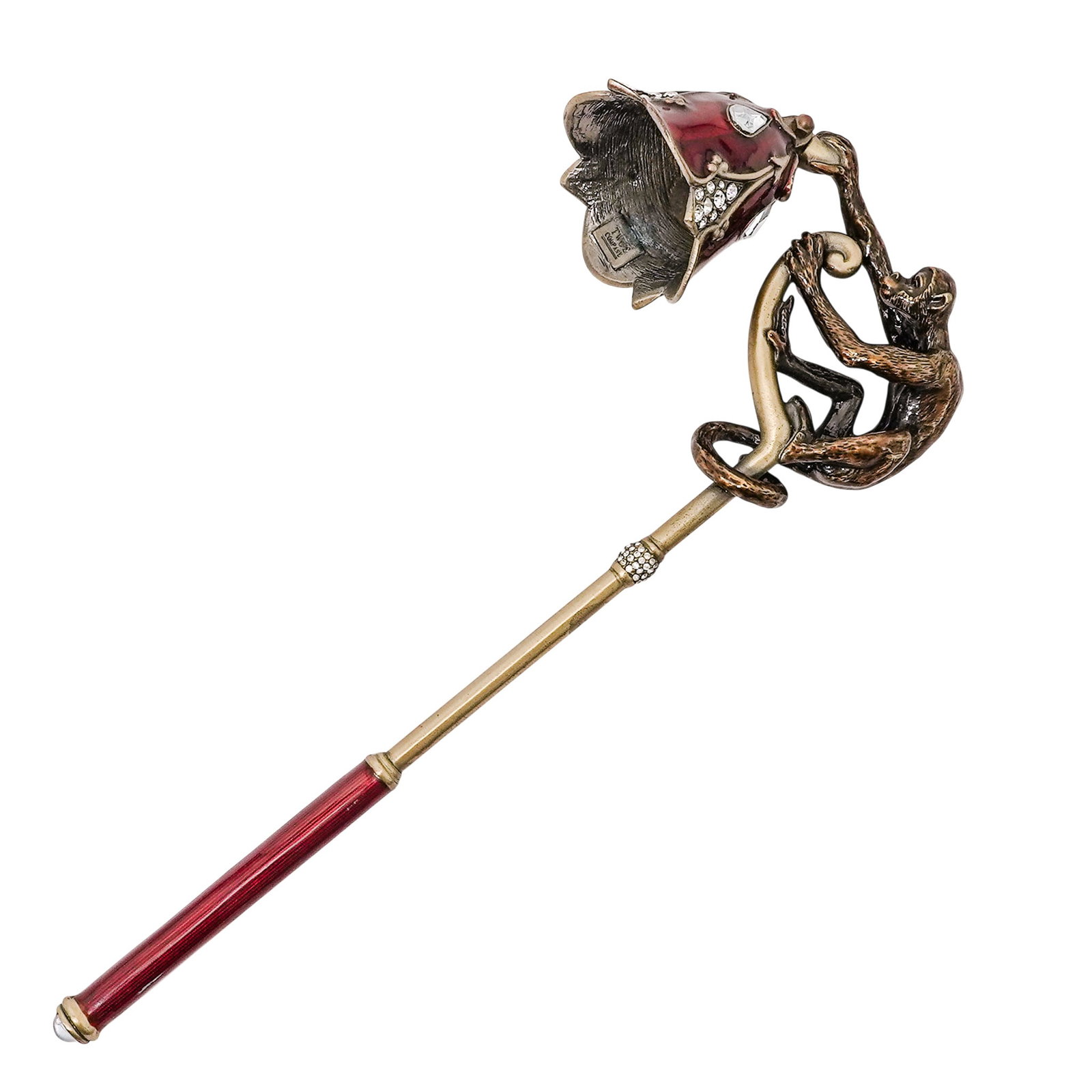 Two's Company Brass Enameled Monkey Candle Snuffer: Two's Company Brass Enameled Monkey Candle Snuffer 20th Cent., American This is a whimsical vintage Two's Company brass, enameled, and embellished monkey candle snuffer. The snuffer features a cast br