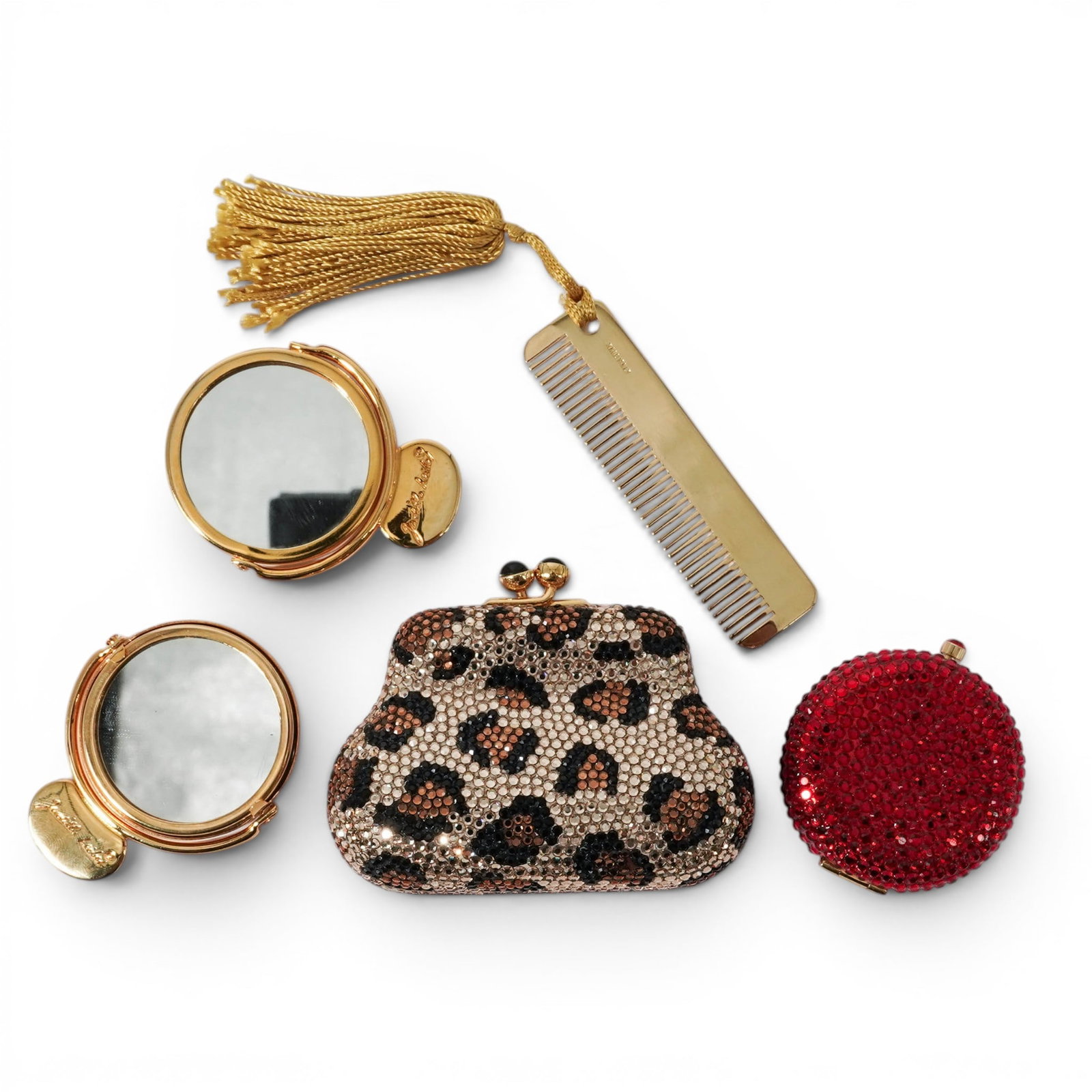 (5 Pc) Grouping of Judith Lieber & Estée Lauder Compact Set: (5 Pc) Grouping of Judith Lieber & Estée Lauder Compact Set Late 20th Century, Continental Judith Leiber & Estée Lauder Compact Group, including a red Estée Lauder powder compact with Judith Leiber