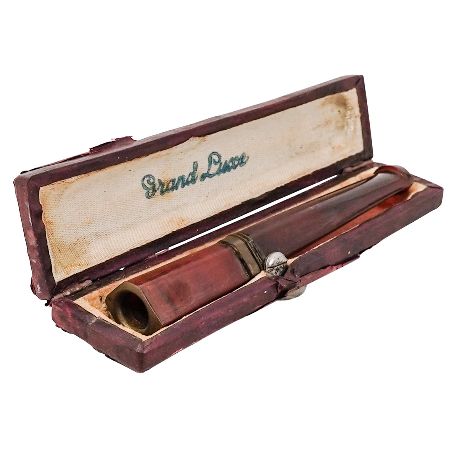 French Grand Luxe Cigarette Holder: French Grand Luxe Cigarette Holder 1920s-1940s, France French cigarillo or cigarette holder crafted from opaque and translucent marbled reddish-brown Bakelite, with a decorative metal band. It is hous