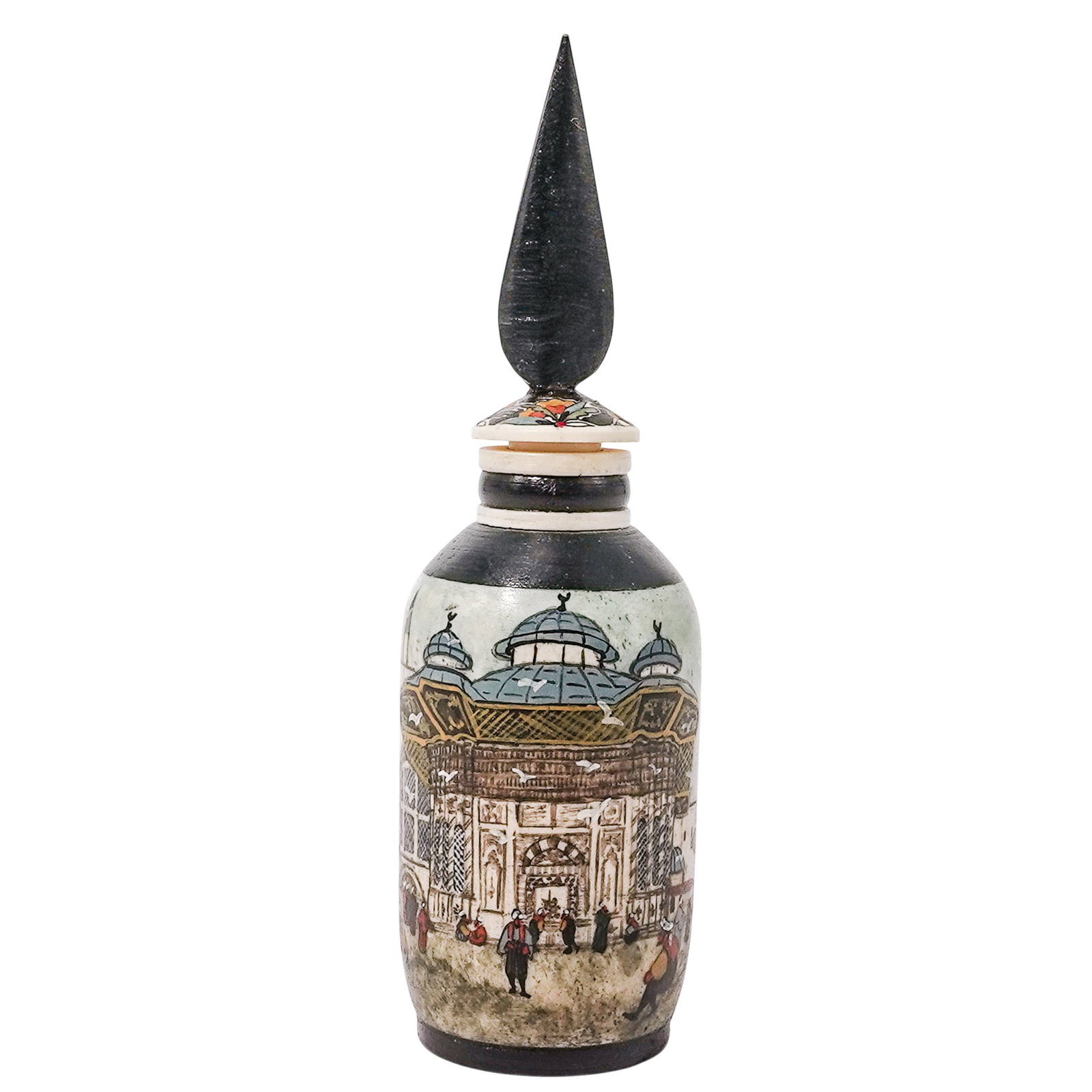 Ottoman Turkish Painted Camel Bone Perfume Bottle: Ottoman Turkish Painted Camel Bone Perfume Bottle Late 19th-Early 20th c., Ottoman Turkish Antique carved bone perfume or snuff bottle featuring a hand-painted cityscape depicting the people and archi