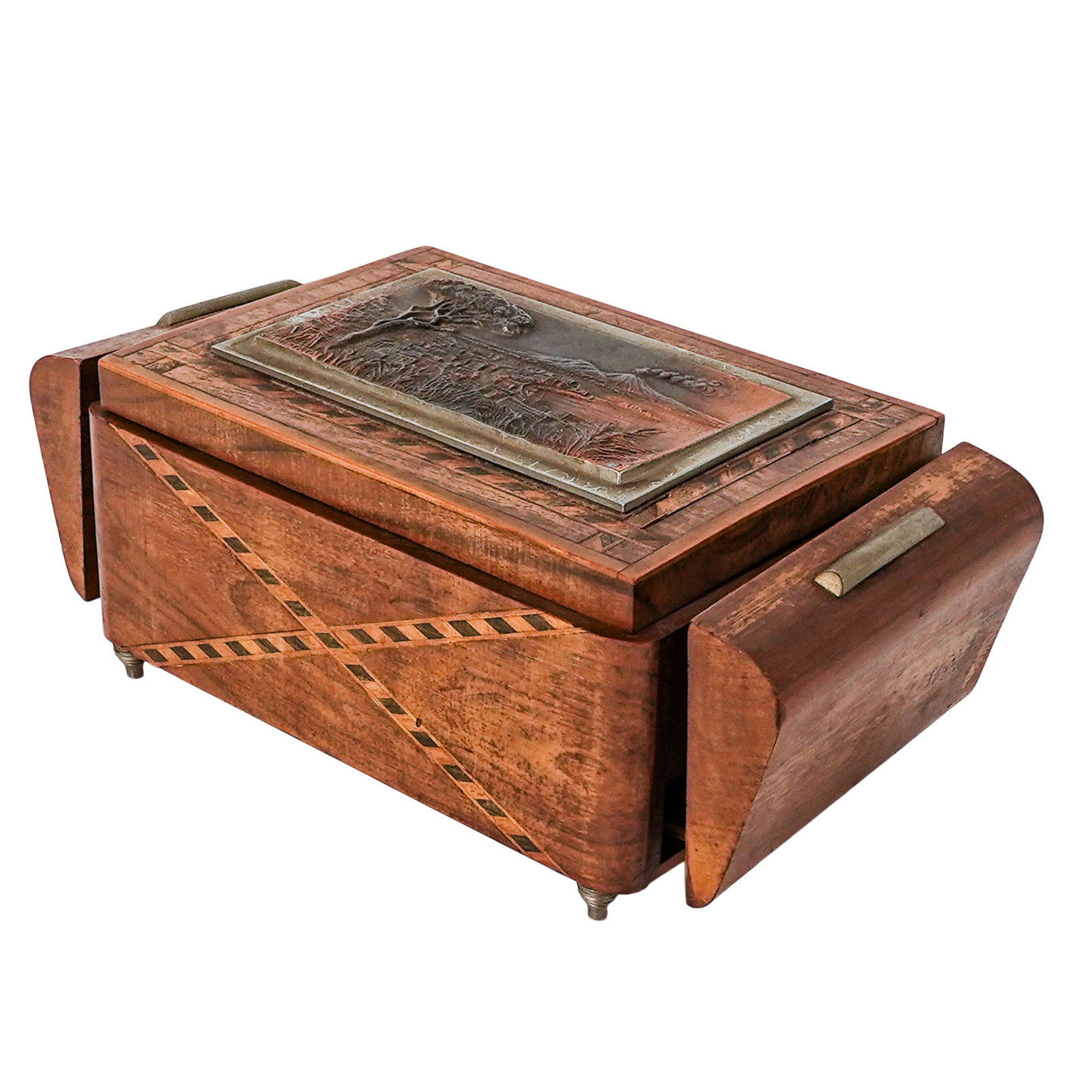 Antique 'Ricordo di Napoli' Inlaid Wood and Bronze Music & Cigarette Box: Antique 'Ricordo di Napoli' Inlaid Wood and Bronze Music & Cigarette Box Early 20th Century, Italy. Italian souvenir box, “Ricordo di Napoli,” crafted in inlaid wood with geometric border deco