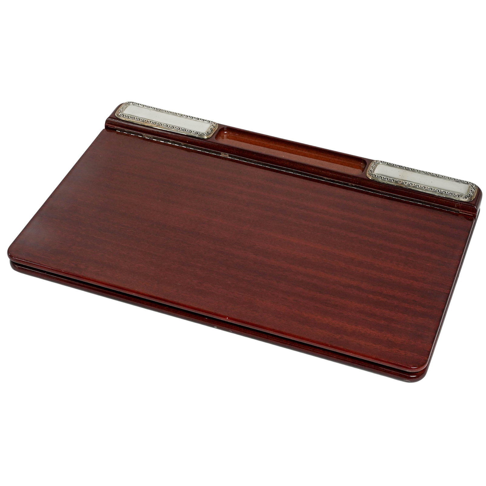 Lacquered Wood & Sterling Silver Lap Desk: Lacquered Wood & Sterling Silver Lap Desk 20th century A lacquered wood lap desk with sterling silver hardware. Sterling hardware is marked "925" with other hallmarks. L 19" x W 12"
