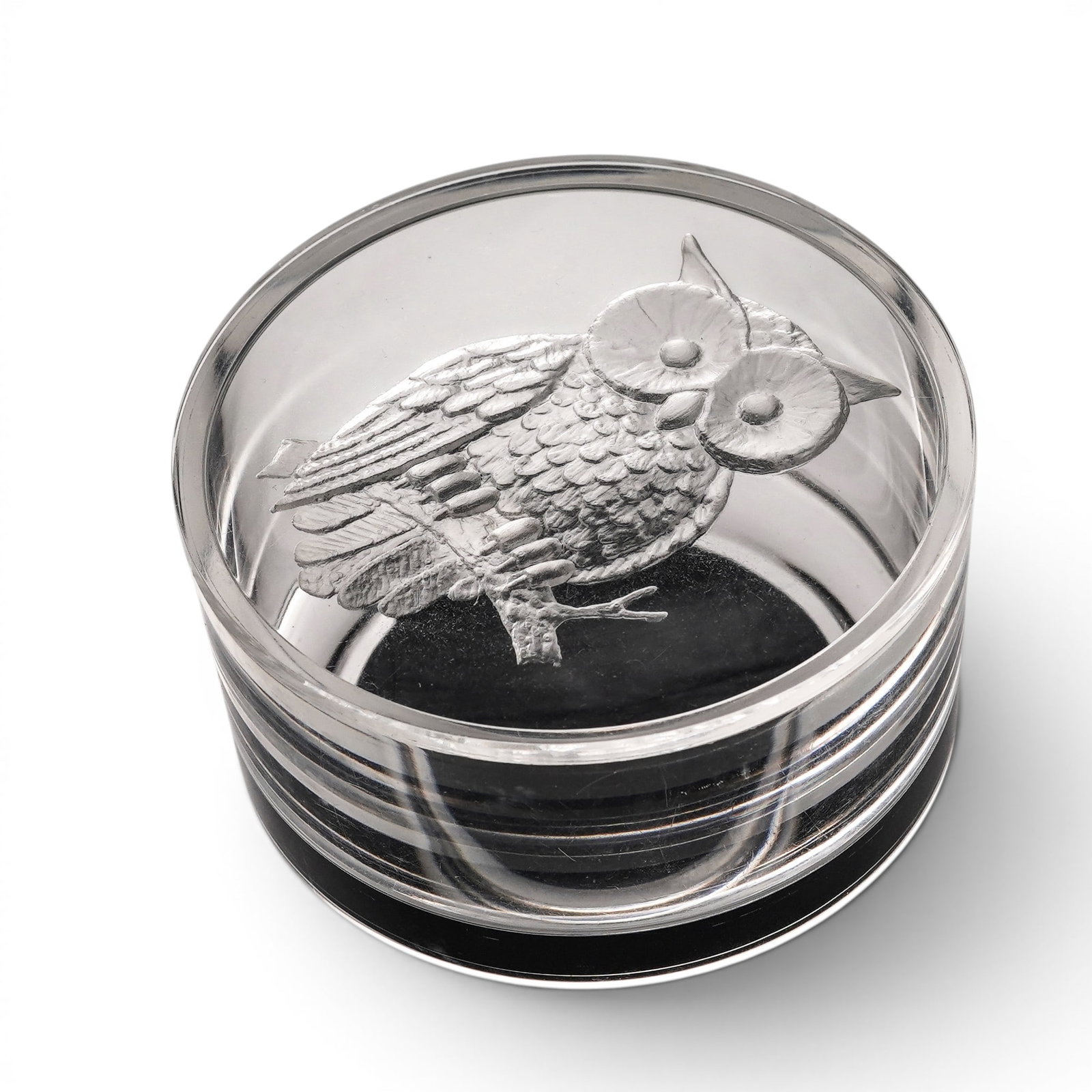 Vintage Lucite Owl Dresser Box: Vintage Lucite Owl Dresser Box Late 20th Century, USA Clear lucite dresser box of circular form, the lid featuring an intaglio-carved owl motif perched on a branch. D: 3.375" x H: 2"