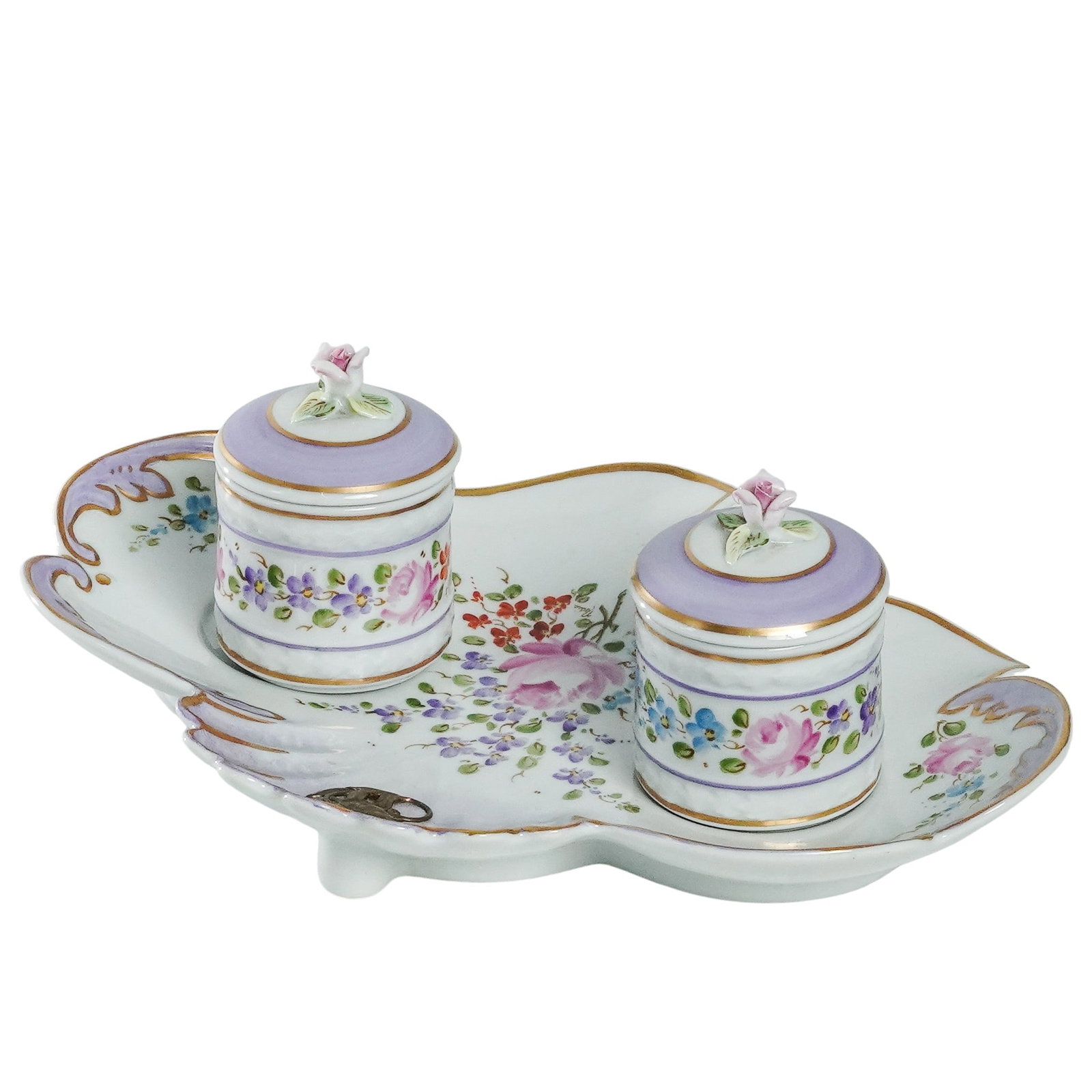 (3 Pc) Vintage Italian Floral Porcelain Inkwell Set: (3 Pc) Vintage Italian Floral Porcelain Inkwell Set 20th Century, Italy. Three-piece Italian porcelain desk set comprising a shaped tray and two covered inkwells, each decorated with hand-painted flor