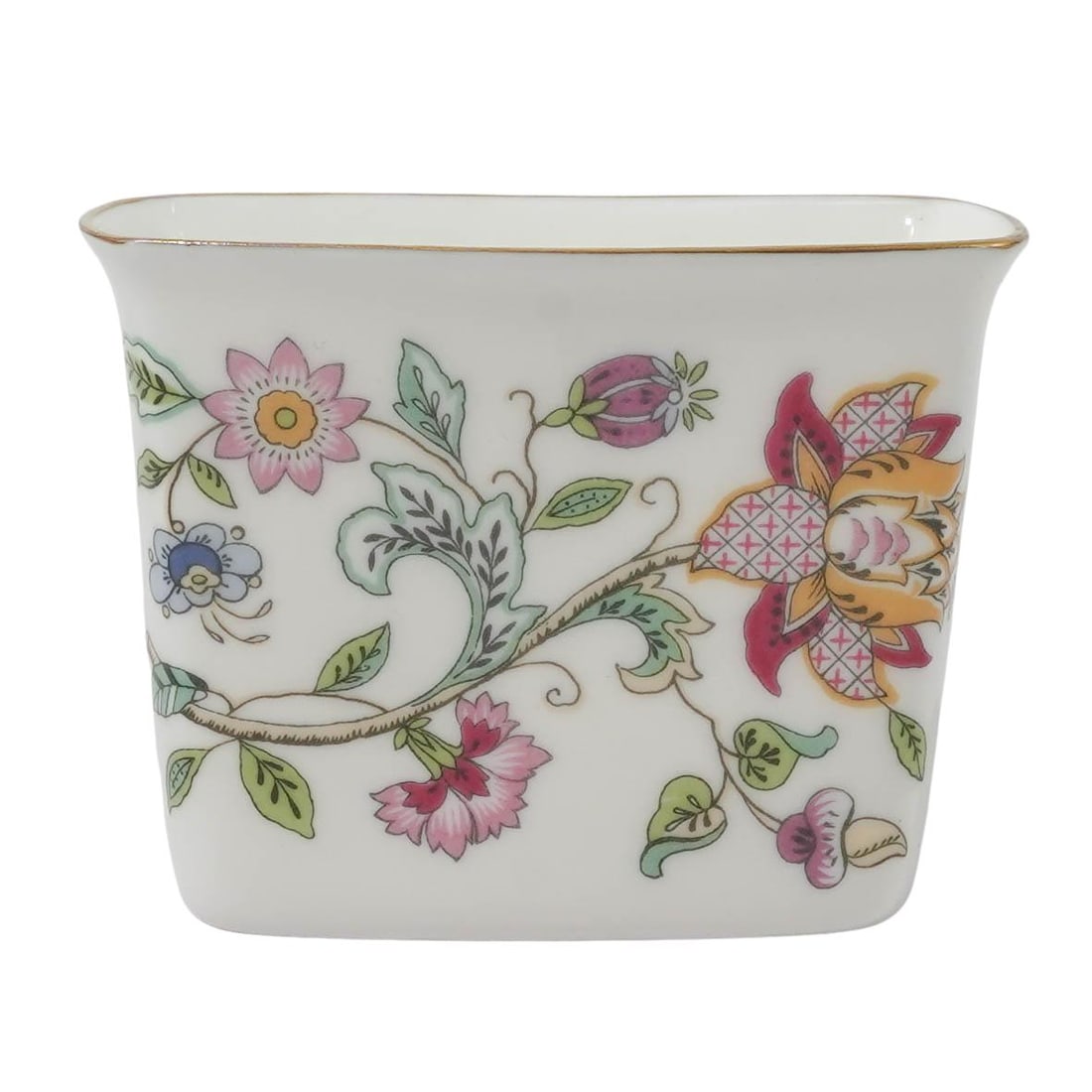 Vintage Minton x Haddon Hall Porcelain Matchstick Holder: Vintage Minton x Haddon Hall Porcelain Matchstick Holder 20th Century, England. Minton “Haddon Hall” Porcelain Match Holder, of rectangular form with flared rim, decorated in the polychrome fl