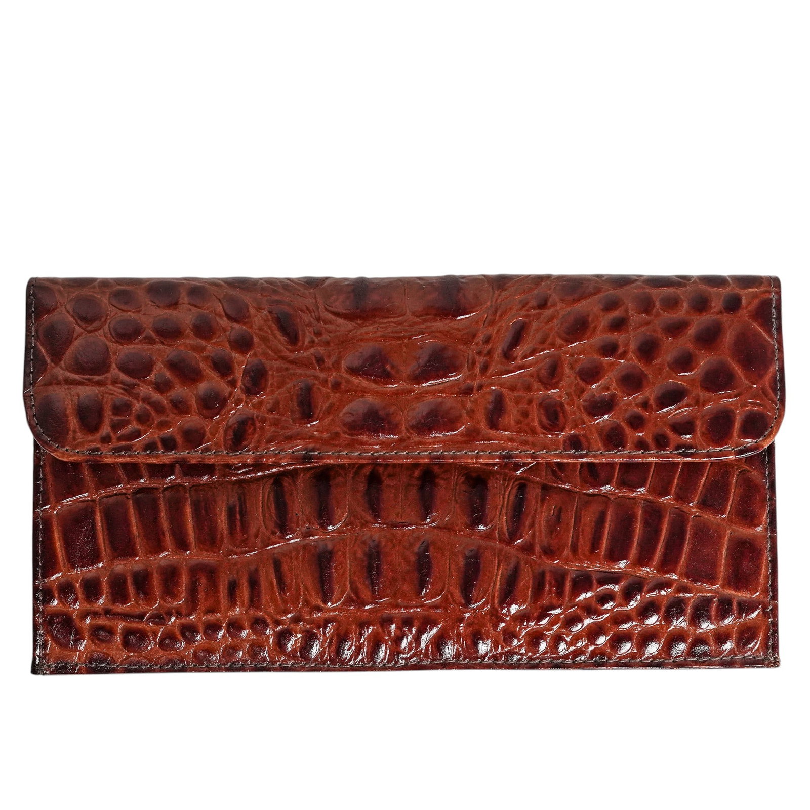 Vintage Brown Alligator Clutch: Vintage Brown Alligator Clutch 20th century A vintage brown alligator clutch. Snap closure with a large pocket, a smaller zipper compartment, and a card holder. H 5" x L 9.125"