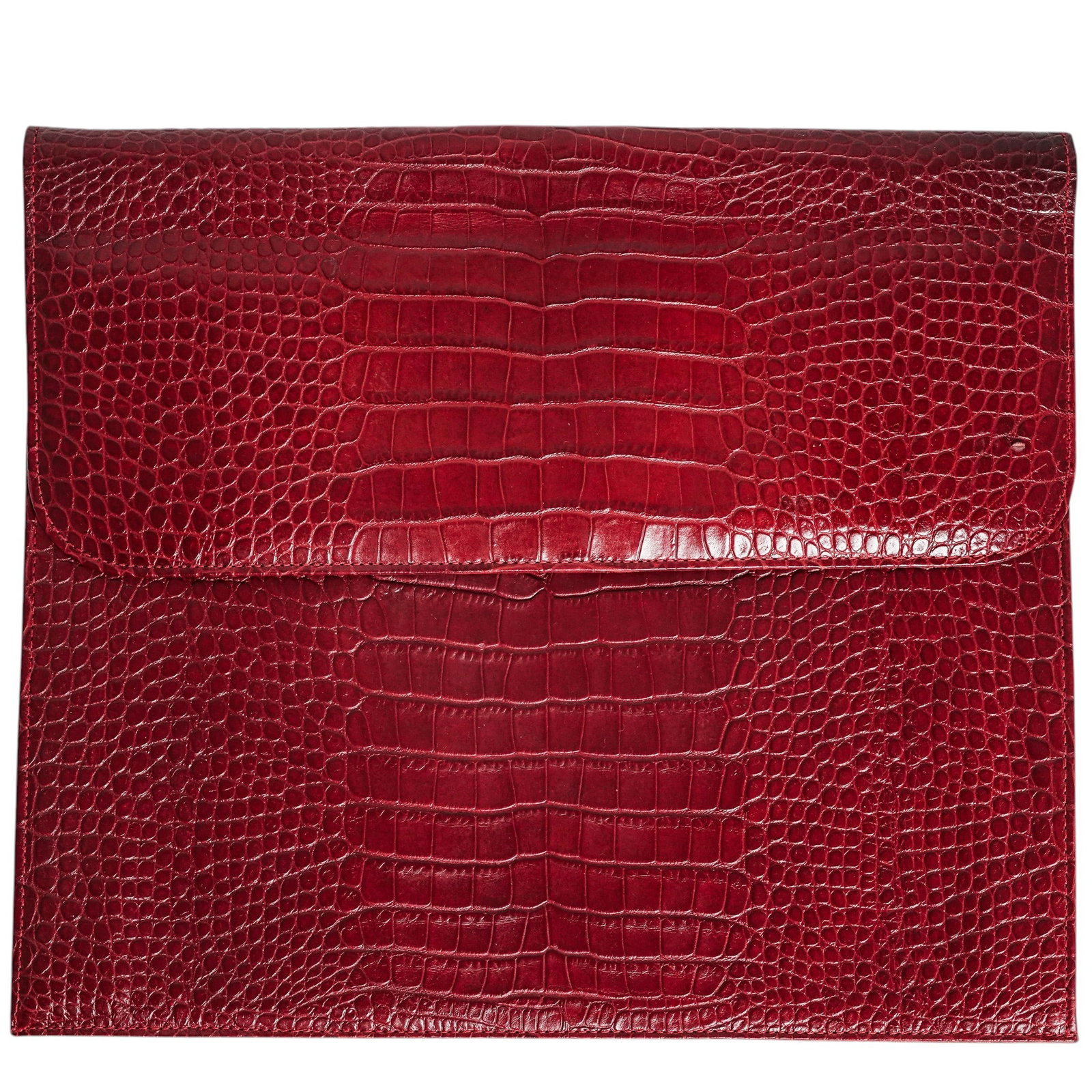 Vintage Red Crocodile Laptop Sleeve: Vintage Red Crocodile Laptop Sleeve 20th century A red crocodile laptop sleeve. Snap closure. Features a zippered inner pocket and card holder. H 11.5" x L 13.5"