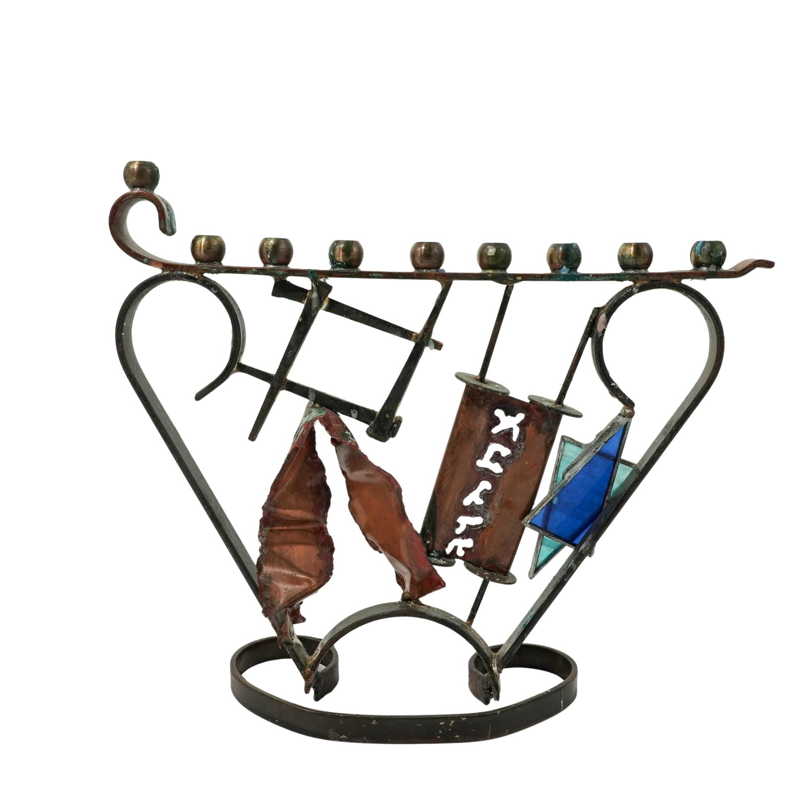 Gary Rosenthal (American, 1953–2023) Judaica Menorah: This is a contemporary mixed-media Judaica sculpture by the renowned American artist Gary Rosenthal. A master of blending industrial materials with ancient tradition, Rosenthal crafted this piece usin