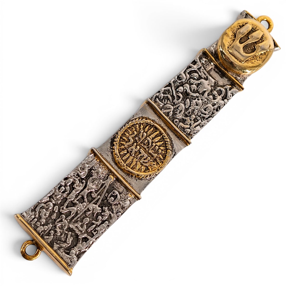 Yaacov Heller (American, 1941-) Silver-Plated & Gilt Mezuzah: Yaacov Heller (American, 1941-) Silver-Plated & Gilt Mezuzah Late 20th Century, USA Yaacov Heller Mezuzah Case, of rectangular form with cast relief decoration and gilt accents, featuring Judaic motif