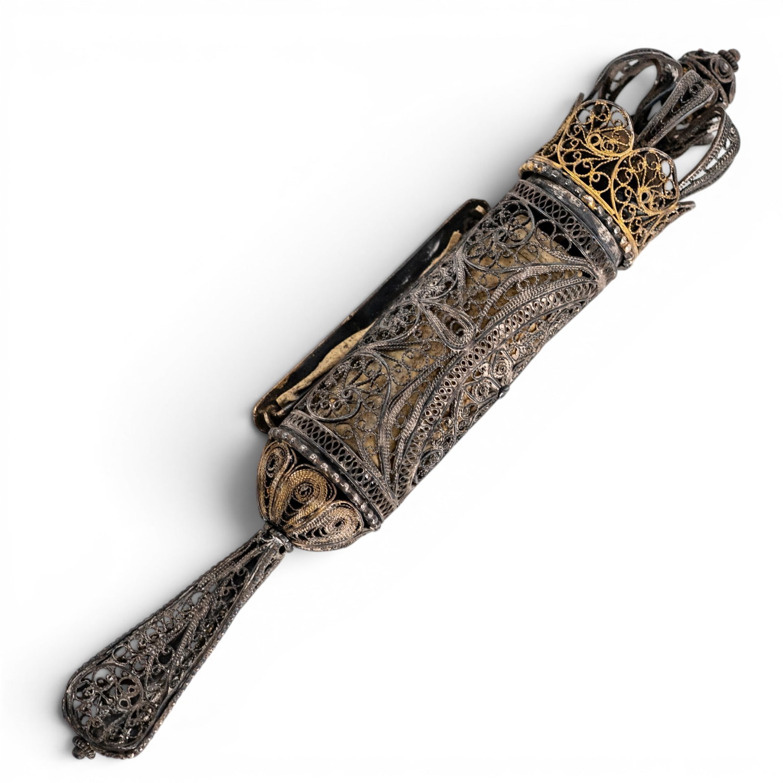 Antique Silver Filigree Judaica Scroll: Antique Silver Filigree Judaica Scroll 20th Century Silver filigree Judaica megillah holder of cylindrical form, finely worked with openwork scroll decoration and crowned finial, enclosing a parchment