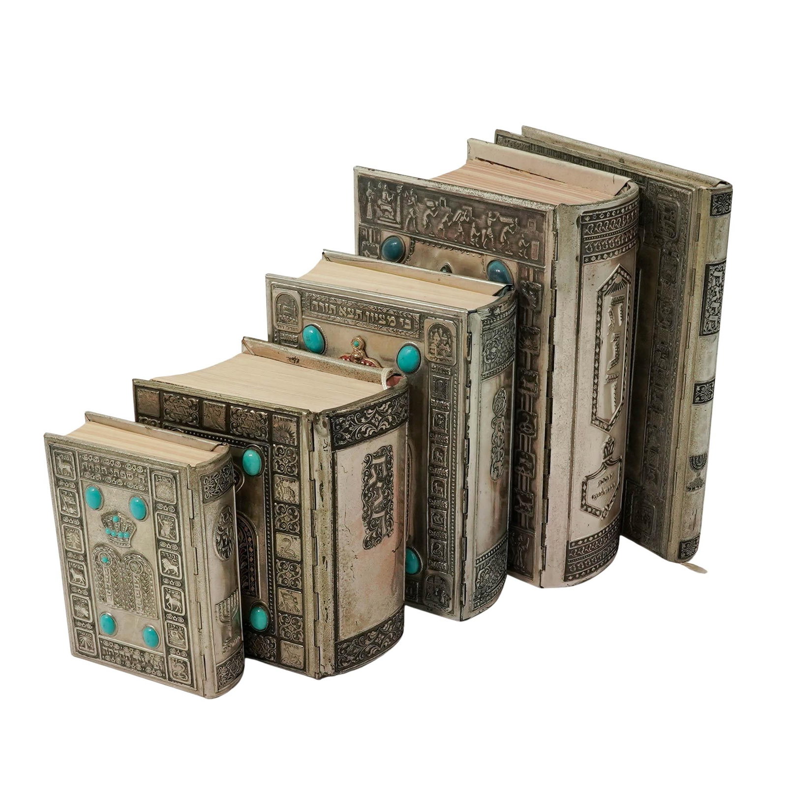 (5 pcs) Judiac Siddur Silver Plated Prayer Books: (5 pcs) Judiac Siddur Silver Plated Prayer Books A set of five Jewish Siddur prayer books with silver tone covered, some with inset stone embellishments. Various sizes. Largest: L 8.875" x W 7.125" Sm