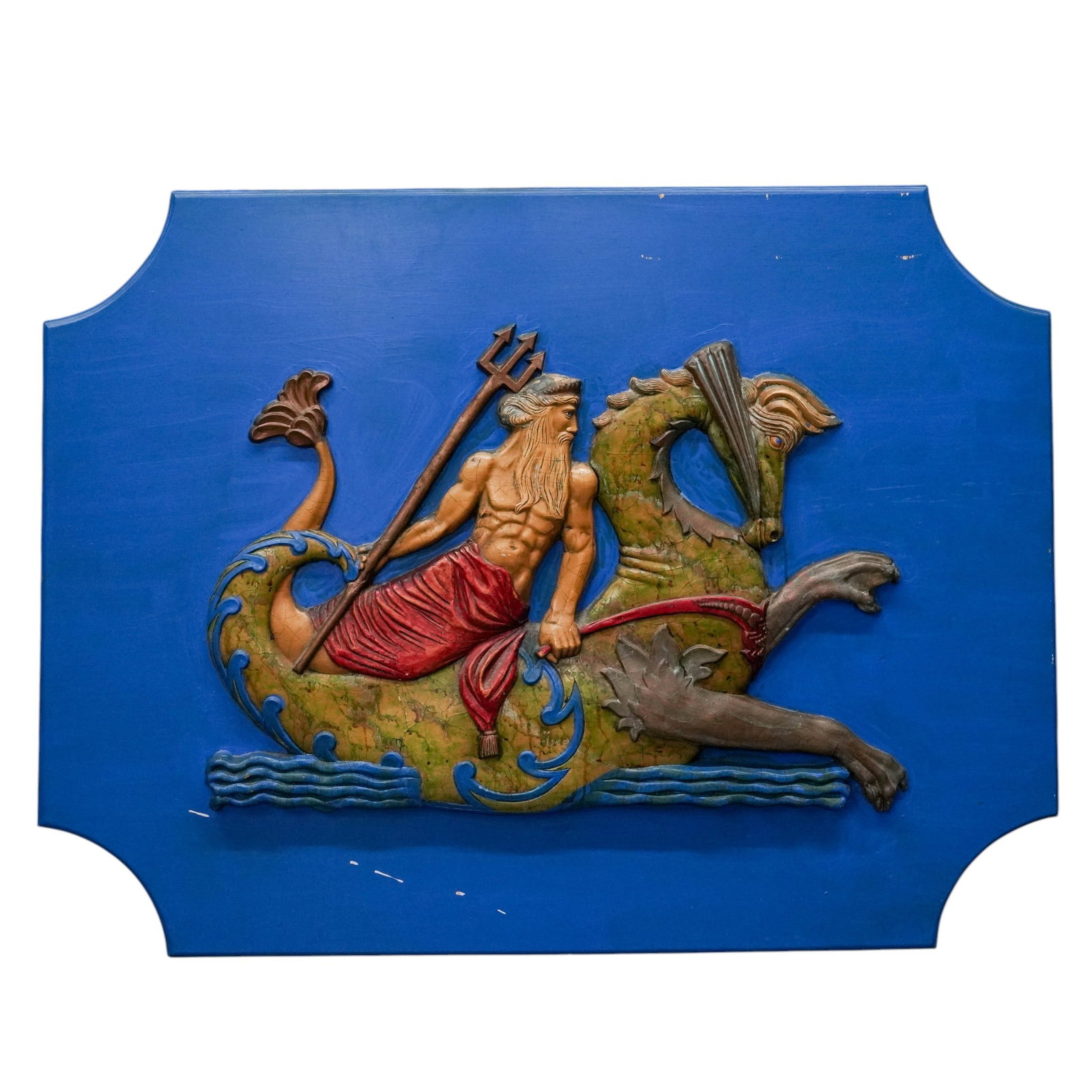 Vintage 'Triton Ruler Of The Sea' Carved Panel: Vintage 'Triton Ruler Of The Sea' Carved Panel Late 20th Century, Continental “Triton Ruler of the Sea” Carved Decorative Panel. Relief-carved and polychrome painted panel depicting Triton rid