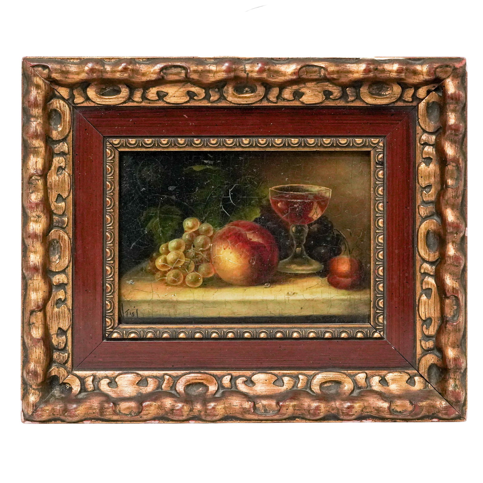 Signed Vintage Still Life on Panel: Signed Vintage Still Life on Panel Mid-20th Century, Continental Oil on panel depicting a tabletop still life with grapes, peaches, and a glass of wine against a dark ground. Presented in an ornate ca