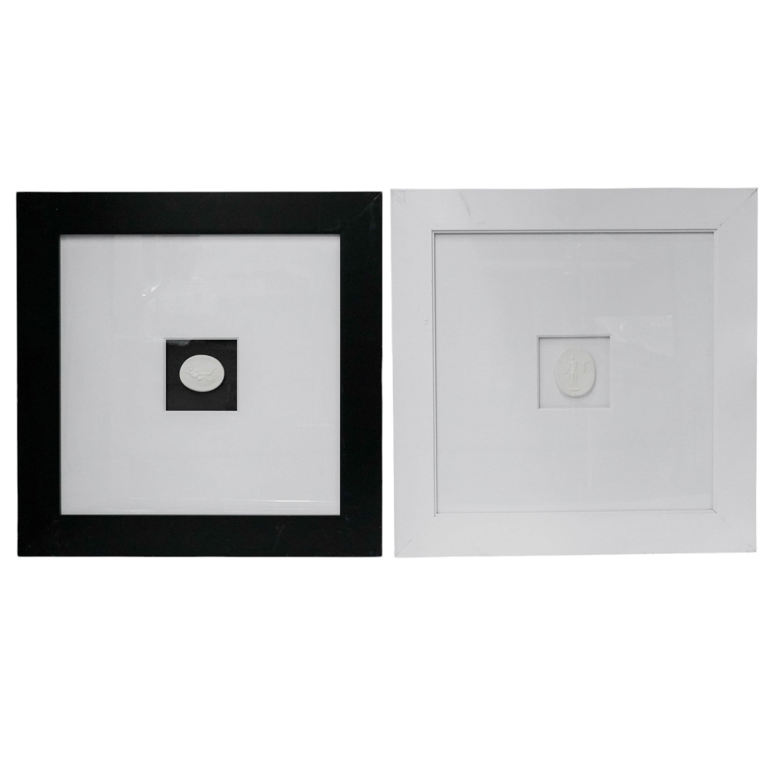 Pair of Framed Mythological Relief Intaglios: Pair of Framed Mythological Relief Intaglios Late 19th Century, Italy. Including two white relief intaglios depicting mythological/classical figures, matted and presented in modern shadowbox frames. O