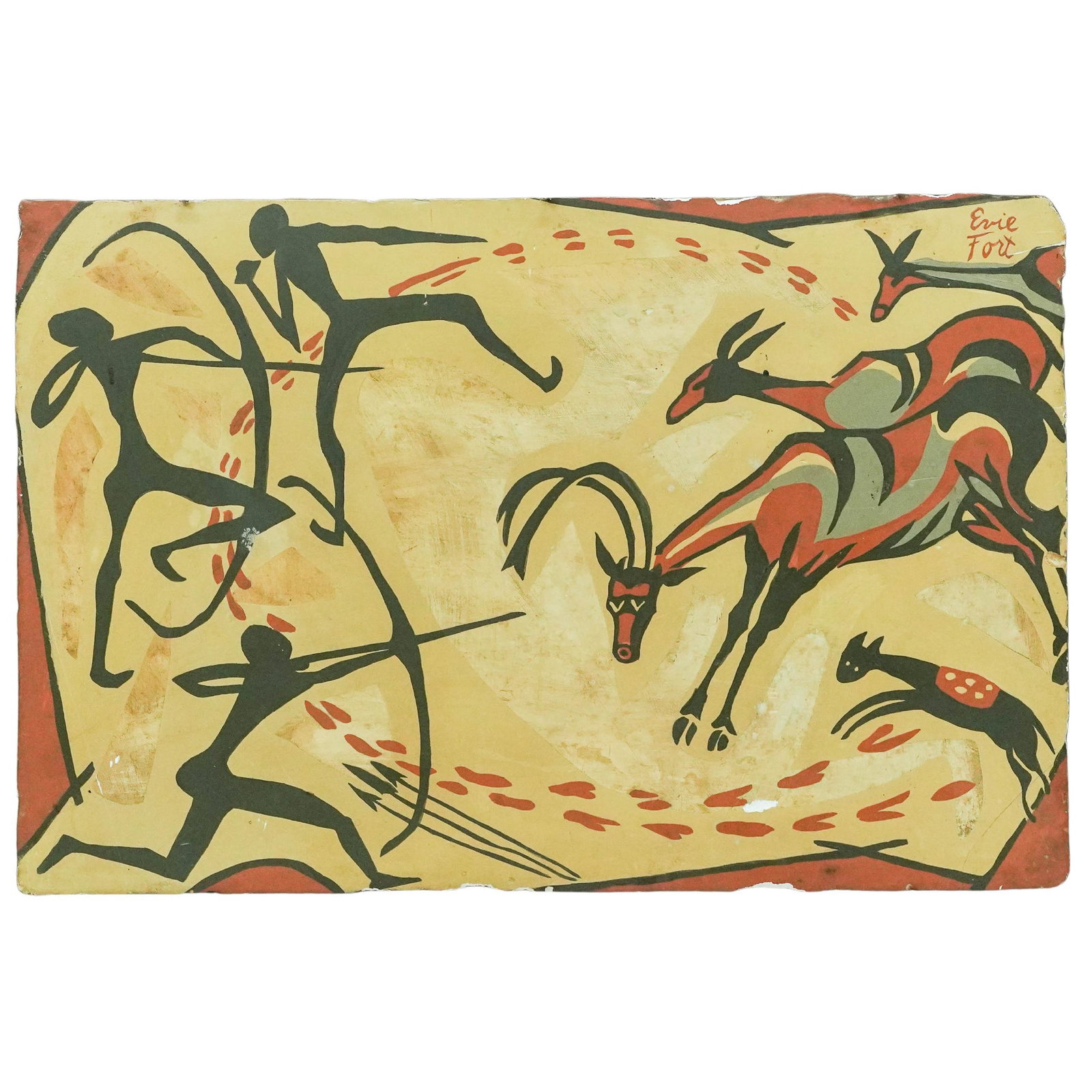 Evie Fort (American, 1895–1997) Cave Art Style Painting: Evie Fort (American, 1895–1997) Cave Art Style Painting Mid-Late 20th c., USA Mixed media painting by Evelyn Corlett Fort Schoeneck, inspired by prehistoric cave art and featuring hunters with bows 