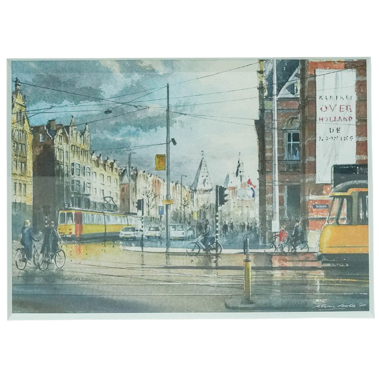 Signed Amsterdam Watercolor on Paper: Signed Amsterdam Watercolor on Paper 2000, Continental Atmospheric European cityscape depicting trams, cyclists, and pedestrians along a rain-soaked Amsterdam street, rendered in a loose impressionist