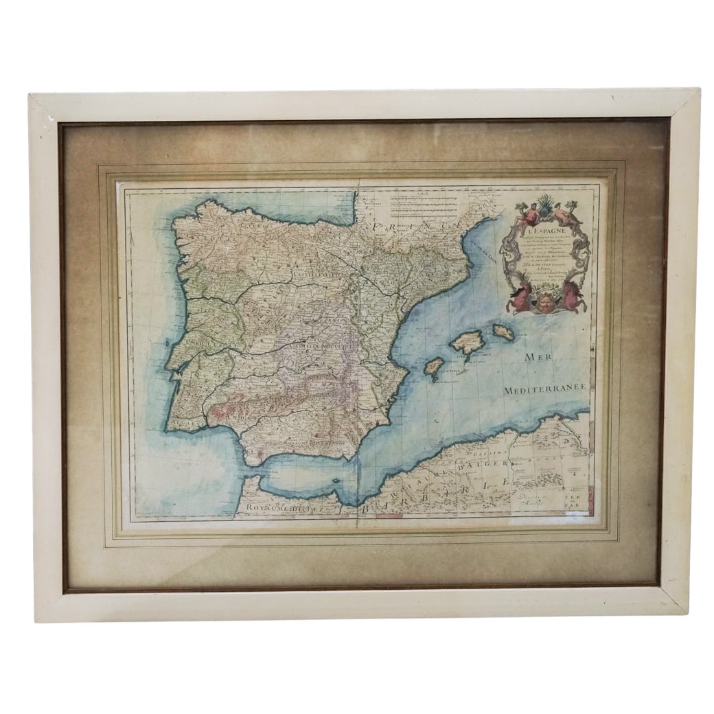 Antique Guillaume de L'Isle Spain & Portugal Map: Antique Guillaume de L'Isle Spain & Portugal Map Late 19th to Early 20th Cent., France Hand-colored engraving by Berey Sculpsit of the 1701 map of Spain and Portugal, titled "L’Espagne," by the reno