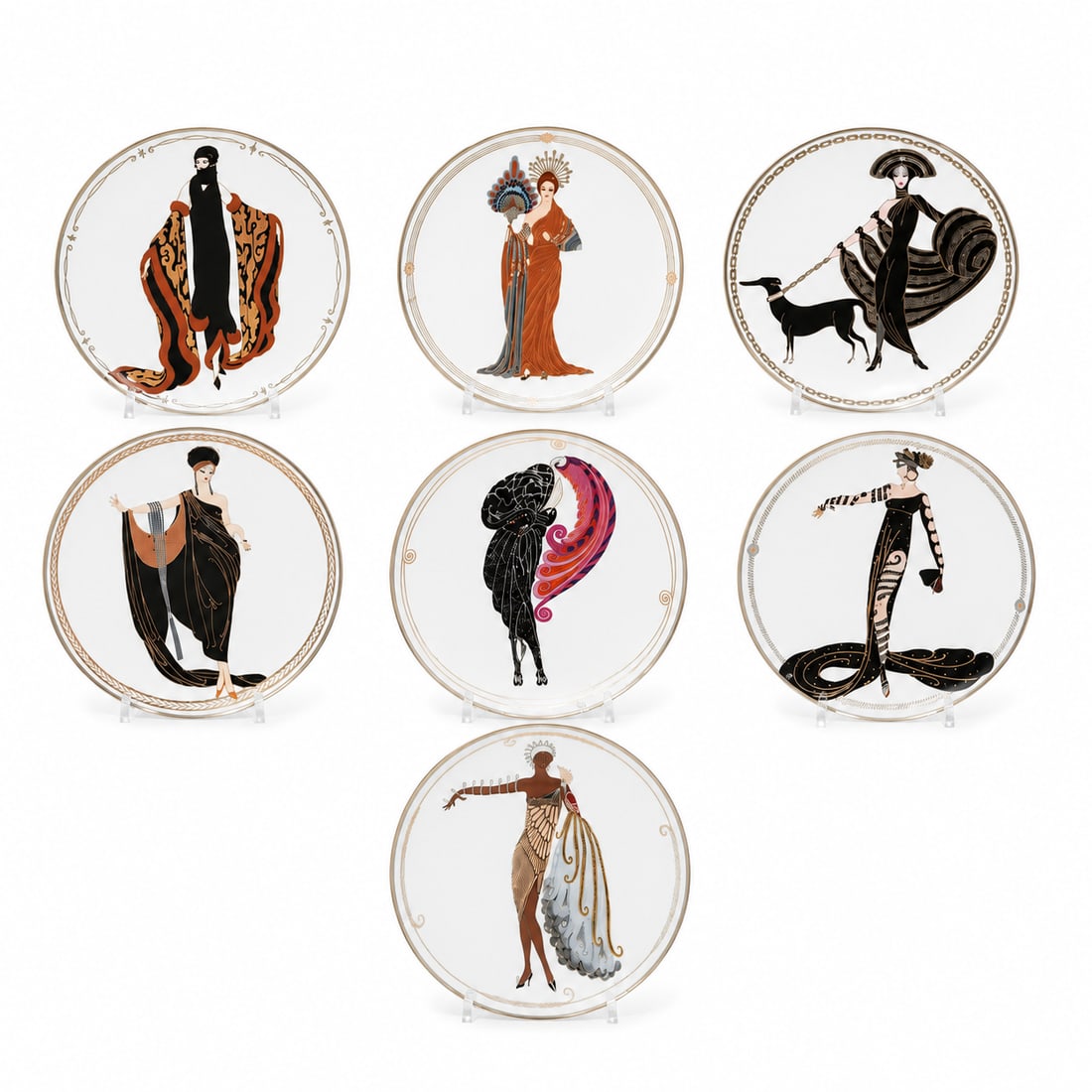 (7 pcs) House of Erte Porcelain Plates: (7 pcs) House of Erte Porcelain Plates Late 20th century (7 pc) House or erte porcelain plates (1) House of Erte "Beauty and the Beast" limited edition plate. marked as number HB6107, "Sevenarts Ltd."