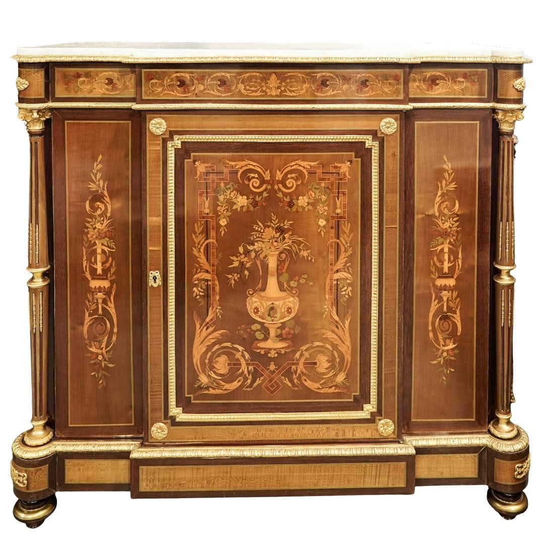 French Napoleon III Ormolu Bronze & Marquetry Sideboard