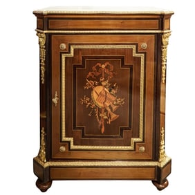 French Napoleon III Ormolu Bronze & Marquetry Marble Side Cabinet