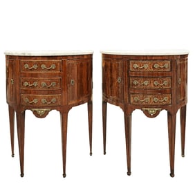 Pair of French Demilune Marquetry Inlaid Marble Topped Tables