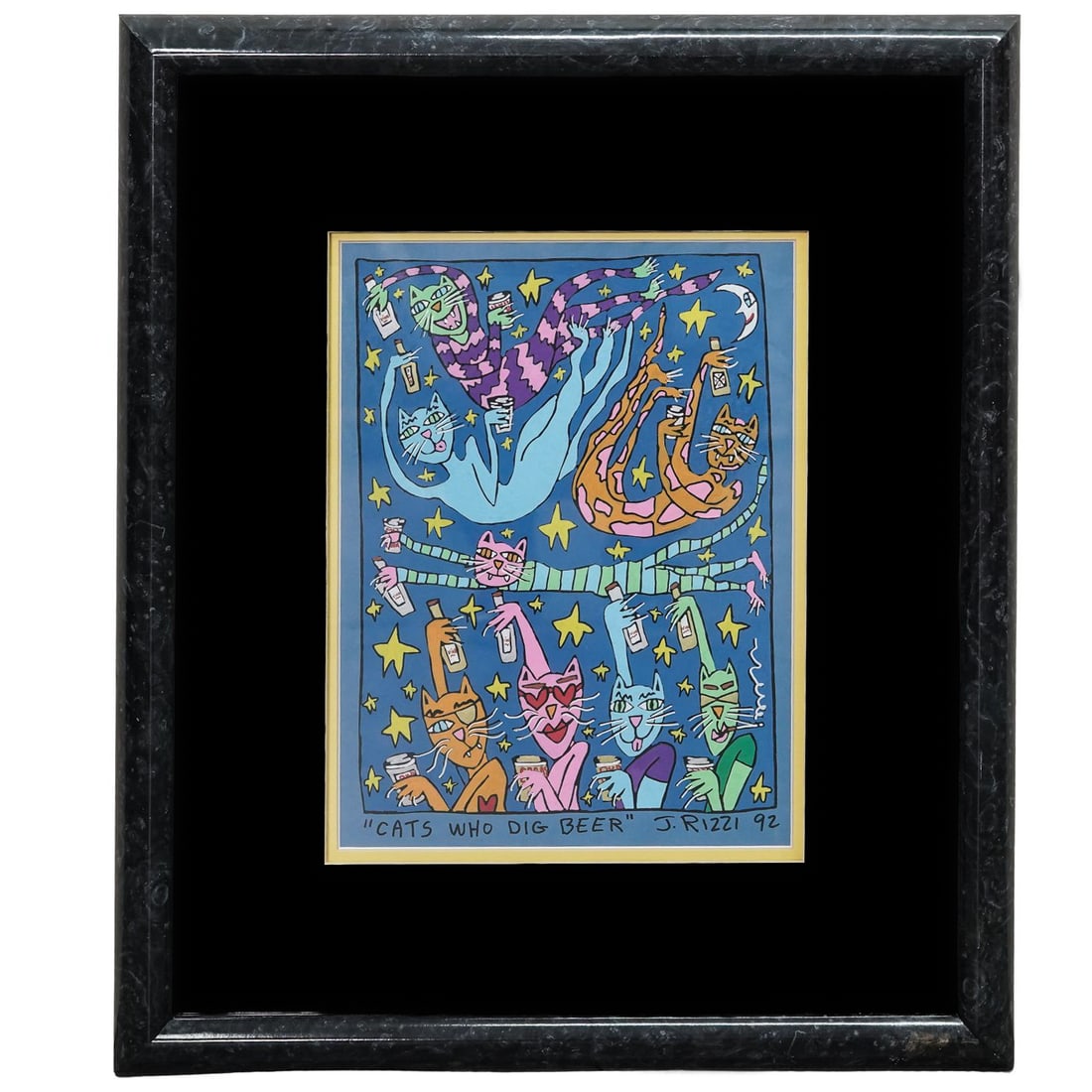 James Rizzi (American, 1950-2011) "Cats Who Dig Beer" Painting: James Rizzi (American, 1950-2011) "Cats Who Dig Beer" Painting1992, USAA painting titled "Cats Who Dig Beer" by artist James Rizzi (American, b. 1950 d. 2011). Signed bottom right side and dated 92 fo