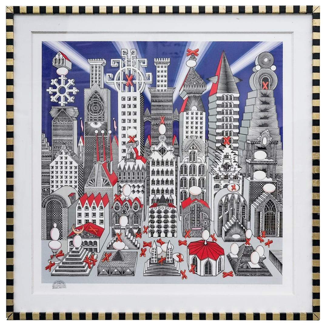 Pedro Friedeberg (Mexican b. 1936) "Ciudad De Un De Millon De Huevos y Veinticinco Duros" Serigraph: Pedro Friedeberg (Mexican b. 1936) "Ciudad De Un De Millon De Huevos y Veinticinco Duros" Serigraph20th century, MexicanPedro Friedeberg (Mexican b. 1936) Large Geometric optic Color Serigraph Titled