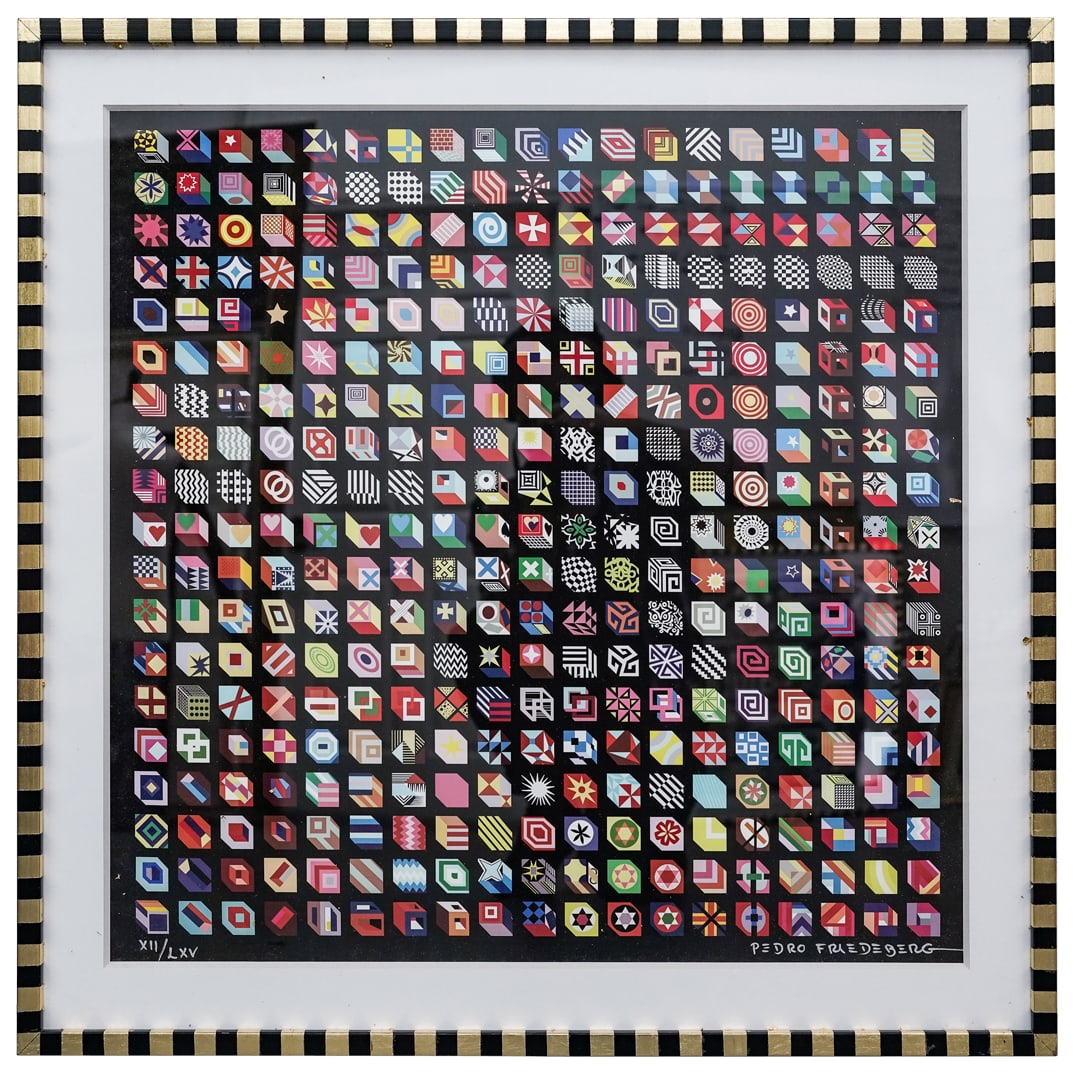 Pedro Friedeberg (Mexican b. 1936) "Cubos de Banderas" Serigraph: Pedro Friedeberg (Mexican b. 1936) "Cubos de Banderas" Serigraph20th century, MexicanPedro Friedeberg (Mexican b. 1936) Large Geometric optic Color Serigraph Titled "Cubos de Banderas" signed and numb