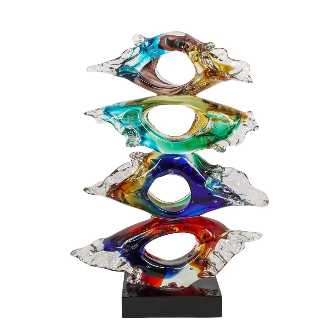 Signed Vetro Artistico Murano Glass Sculpture: Signed Vetro Artistico Murano Glass Sculpture20th century, ItalyMurano glass sculptural totem in multicolor and clear glass. Black base has etched signature by artist and is marked with a "Vetro Artis