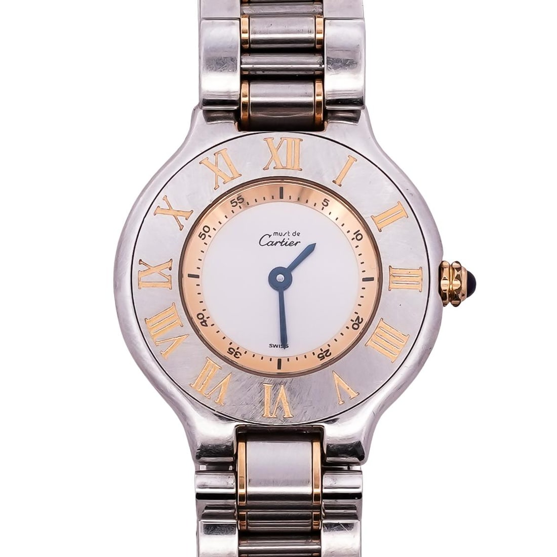 Must de Cartier 21 Steel and Gold Ladies Watch: Must de Cartier 21 Steel and Gold Ladies Watch1990s, SwissStainless steel and gold plated Cartier ladies watch from the Must de Cartier 21 collection. The dial is signed must de Cartier, with blued st