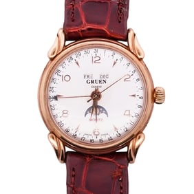 1980's Gruen 18k Gold Calendar Moonphase Watch