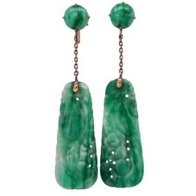 Vintage Chinese 18k Gold & Carved Apple Jade Drop Earrings