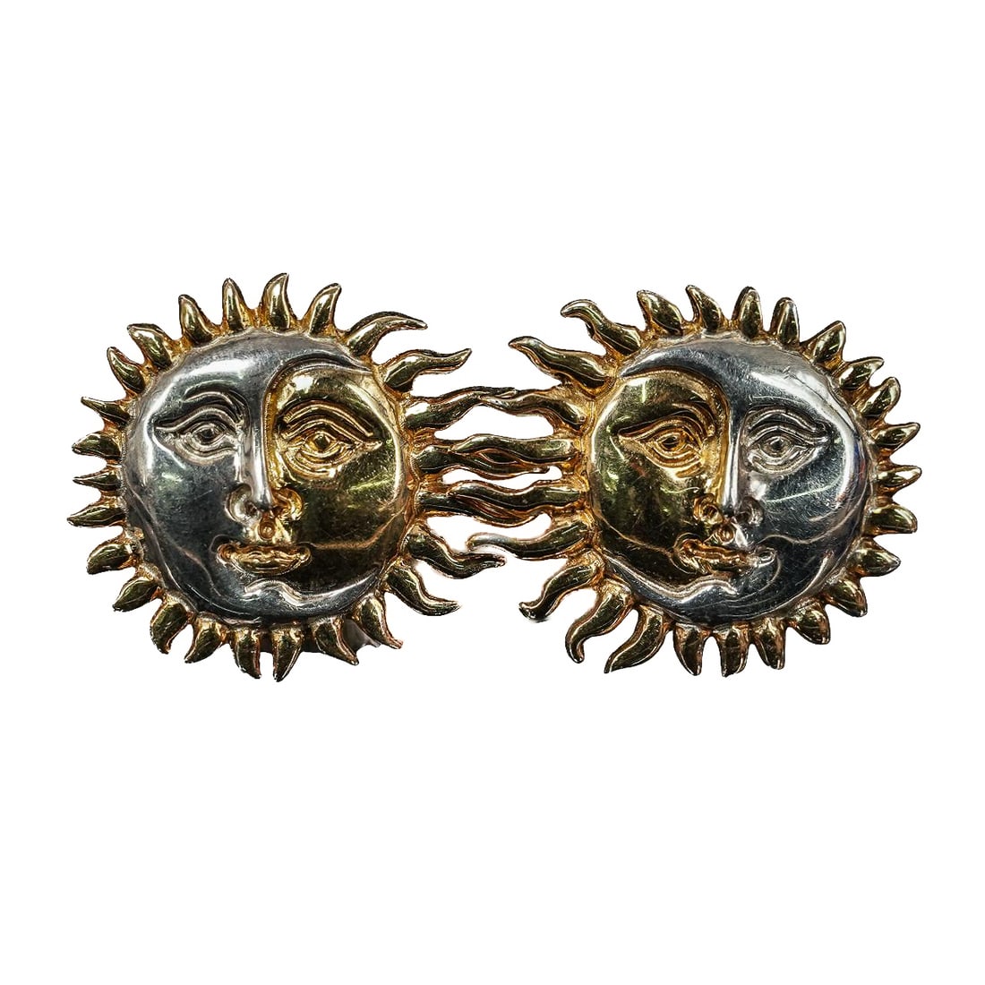 Sergio Bustamante Gilt Sterling Silver Sun Face Stud Earrings: Sergio Bustamante Gilt Sterling Silver Sun Face Stud Earrings20th century, MexicanVintage Sergio Bustamante Two tone Sterling Silver with 18K gold plating Sun Face Stud Earrings.They are signature des