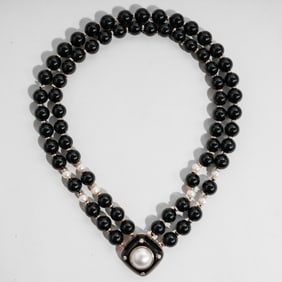 Vintage 14k Gold Onyx Pearl & Diamond Beaded Necklace