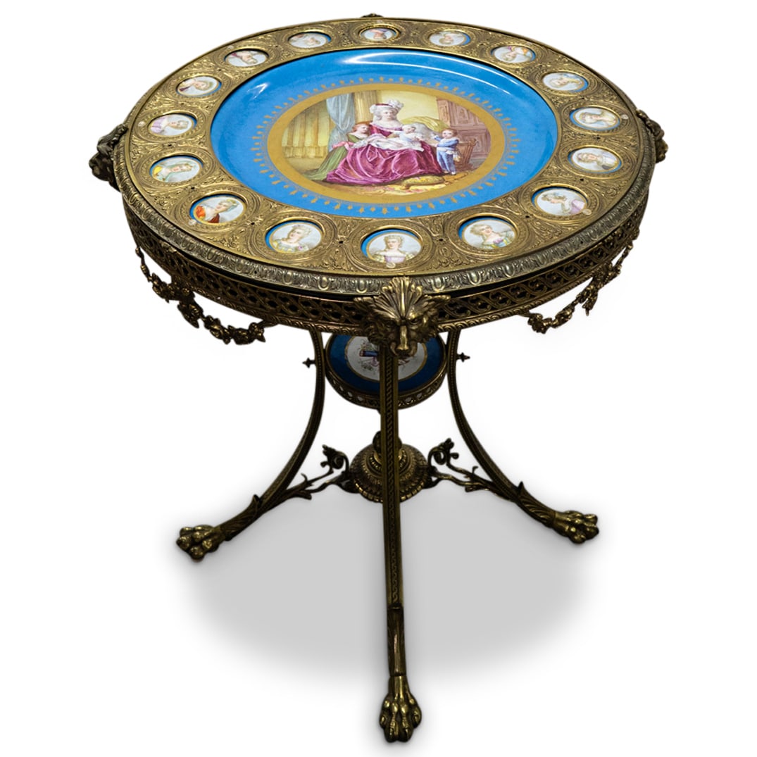 Antique Sevres Porcelain Charger Occasional Table: Antique Sevres Porcelain Charger Occasional Table19th Cent, FranceMagnificent side table featuring a circular top embedded with a central Sevres charger featuring a painting after Elisabeth Vigee Le B