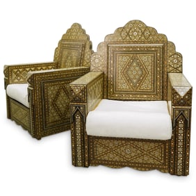 Pair Moorish Inlaid Wood Club Chairs