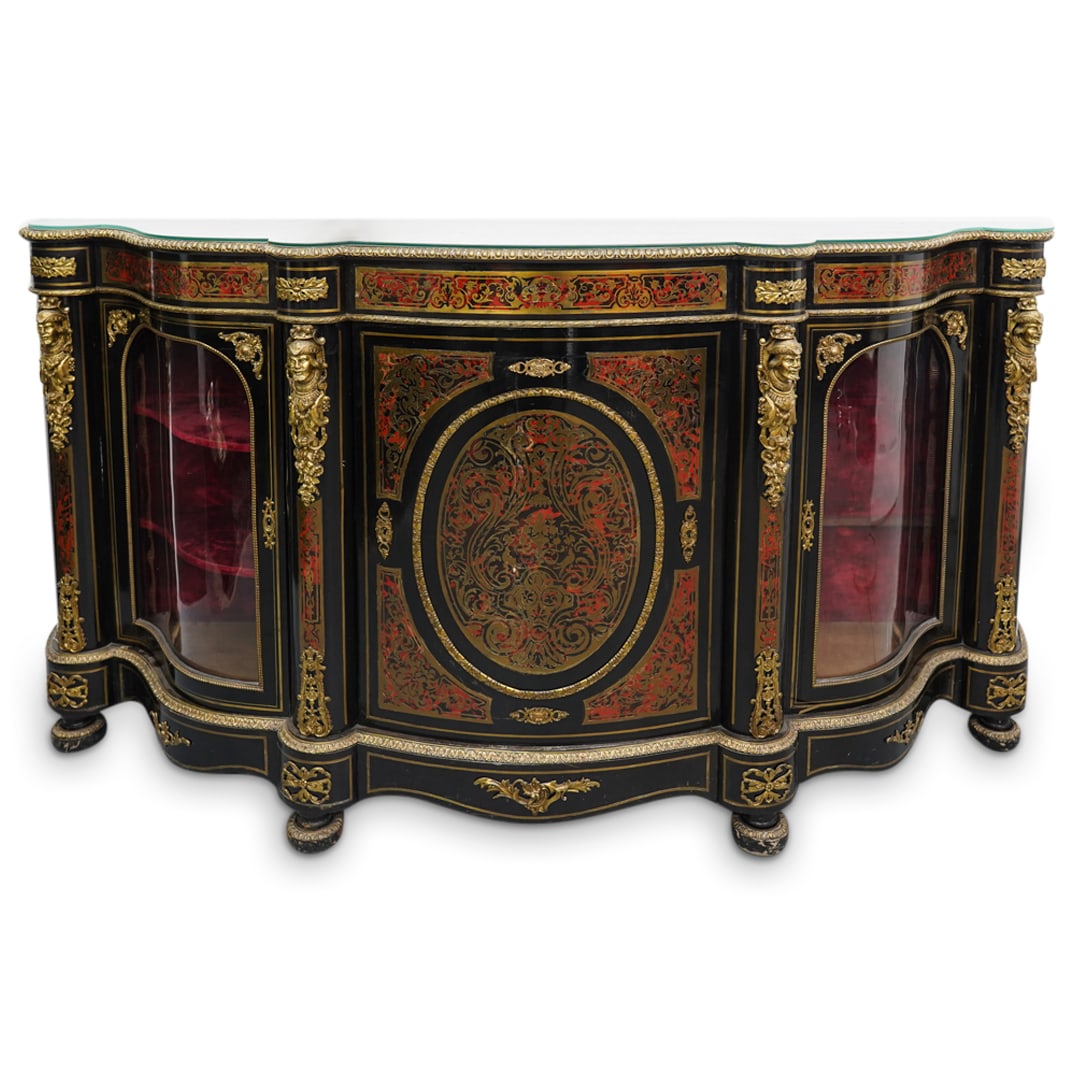 Large 19th C. French Empire Style Boulle And Ormolu Buffet: Large 19th C. French Empire Style Boulle And Ormolu Buffet19th Cent. FranceAntique French Empire style wooden buffet featuring boulle on top and in panels around doors on front embellished with gilt t