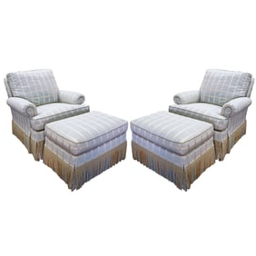 (4 pcs) Beacon Hill Upholstered Plaid Club Chairs & Ottomans