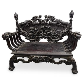 Antique Japanese Carved Wood Dragon And Bird Bench